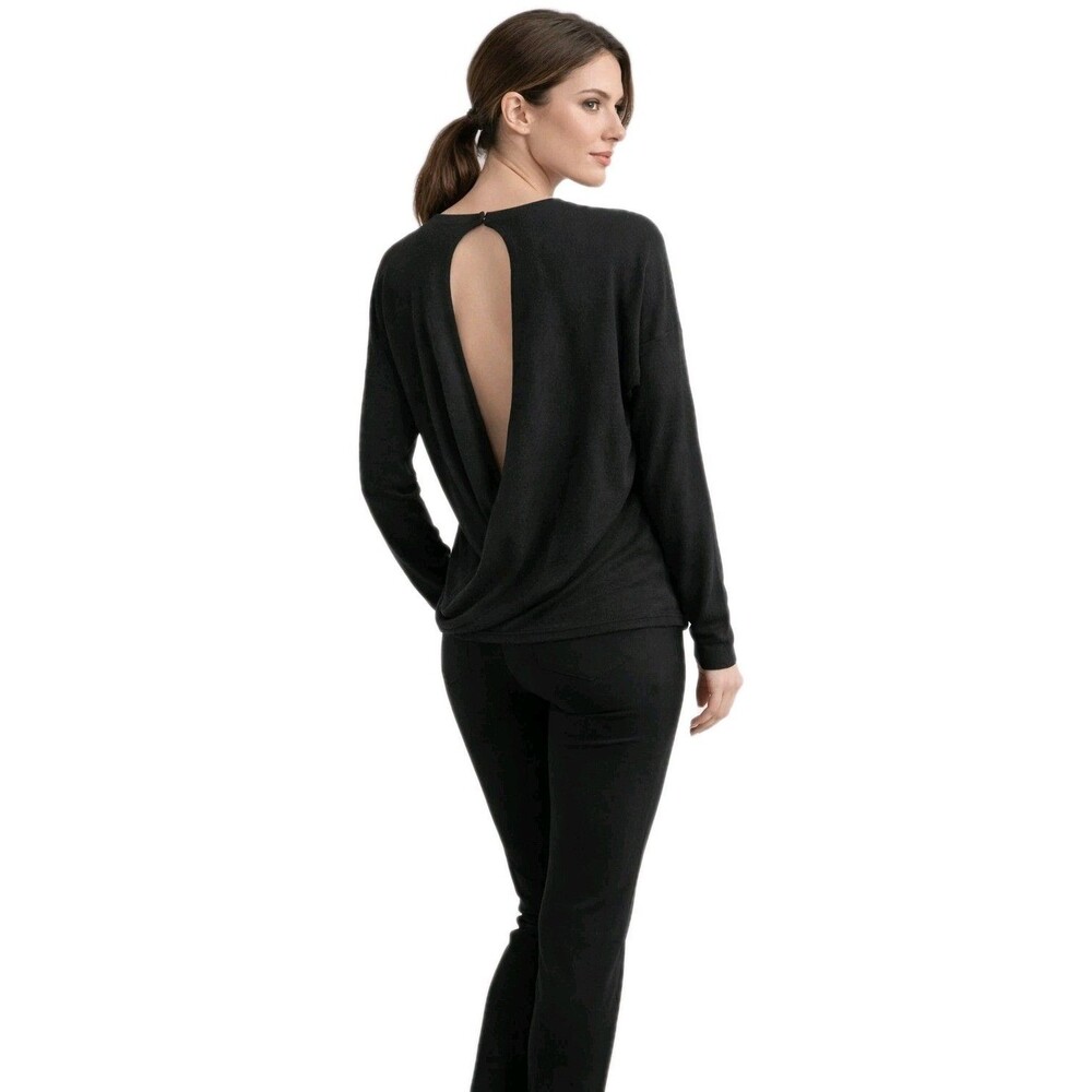 100% Extra Fine Merino Wool Talbots Sweater Size L Black Faux Wrap Open Back